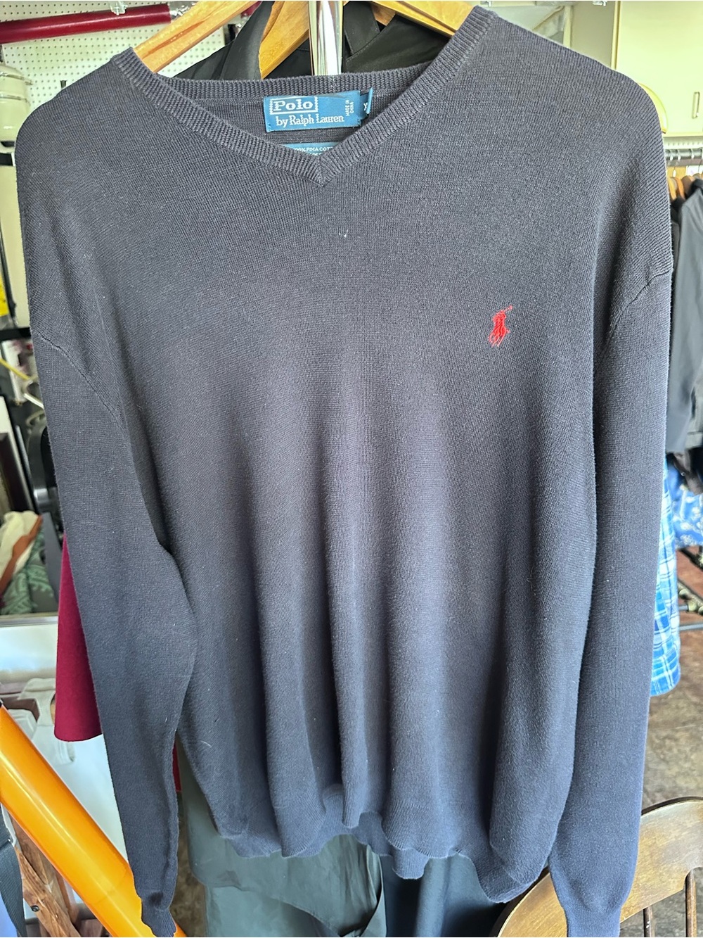Ralph Lauren Black V-Neck Sweater with Red Pony